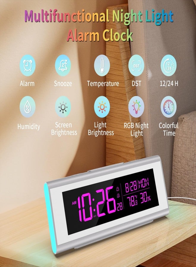 ساعات منبه رقمية لغرف النوم، ساعة مكتبية LED مع إضاءة ليلية RGB، وخاصية التحكم في شدة الإضاءة، وعرض التاريخ واليوم ودرجة الحرارة على شاشة كبيرة، ديكور عصري للمكتب، هدية للأطفال والمراهقين والبالغين (فضي) - Image 2